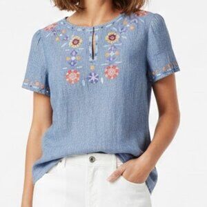 Boden Laura Embroidered Linen Chambray Top Blue Floral US 6